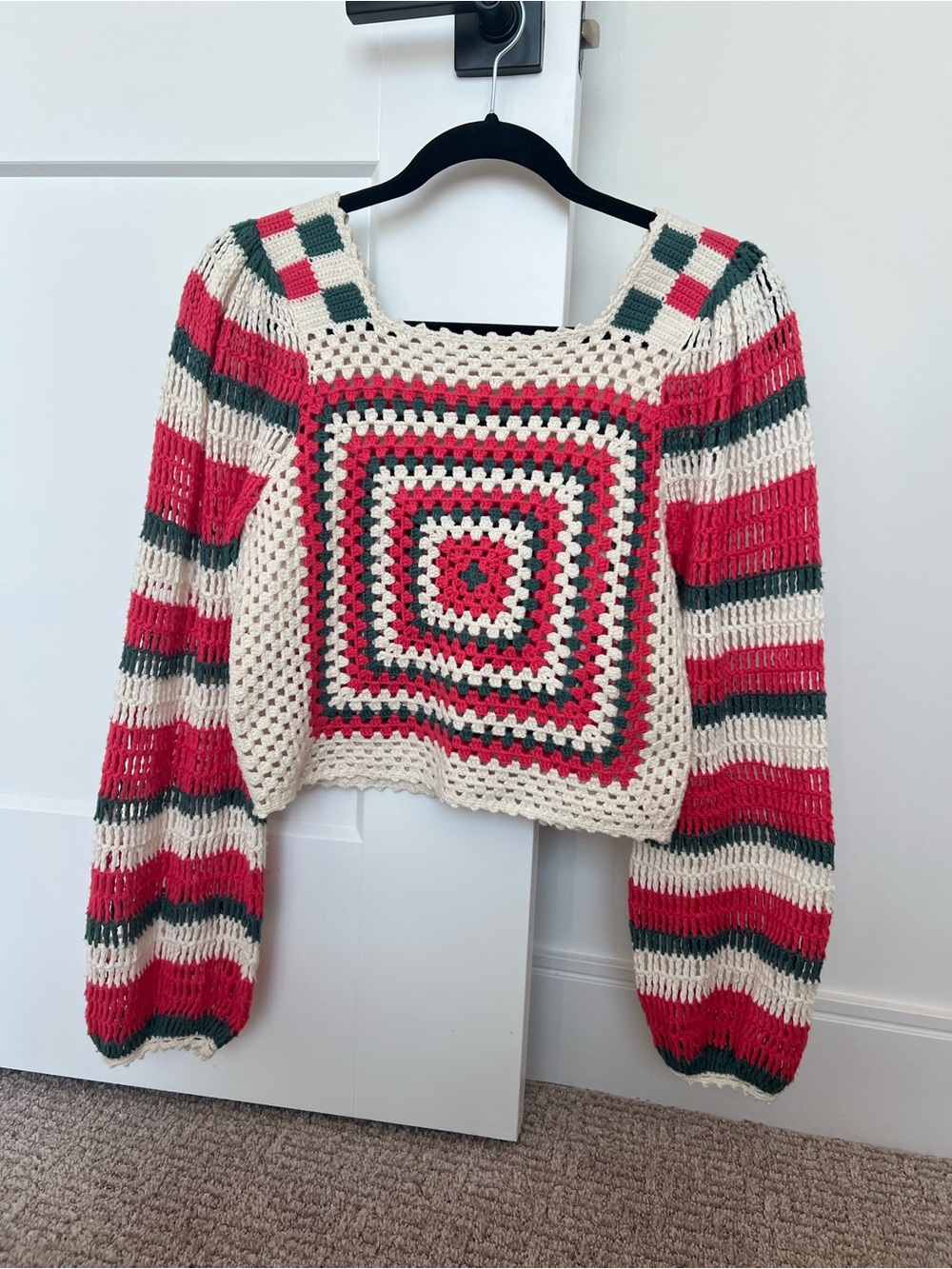 Crochet Square-Front Women's Sweater - Cream, Red & Green